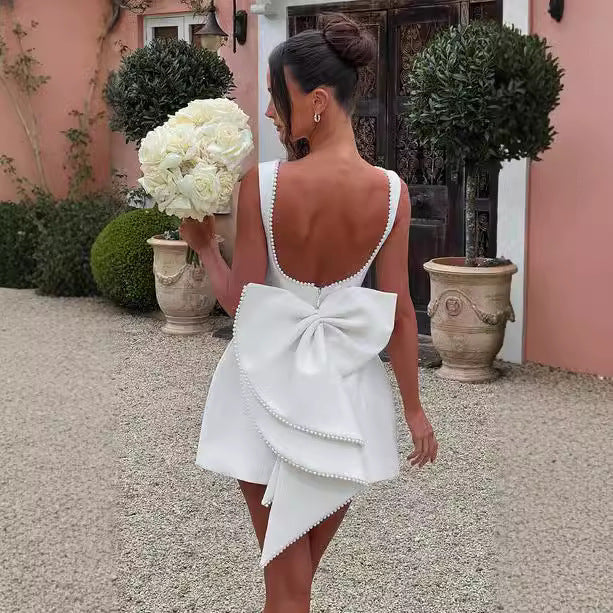 Fashion Big-Bowed Pearls Backless Dress Summer Slim Sleeveless A-line