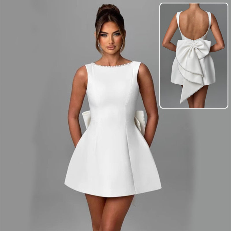Fashion Big-Bowed Pearls Backless Dress Summer Slim Sleeveless A-line